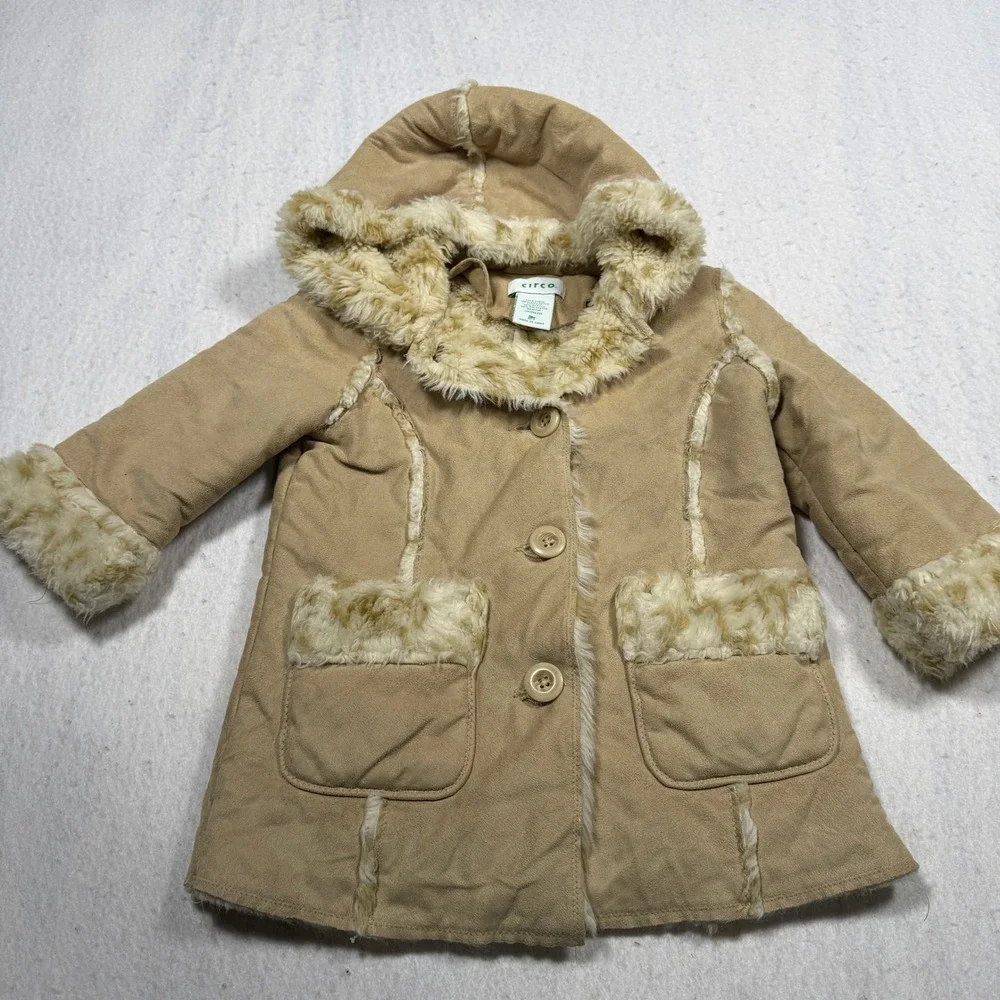 Circo Kids Tan Faux Suede Shearling Hooded Coat Faux Fur Trim Jacket 2T